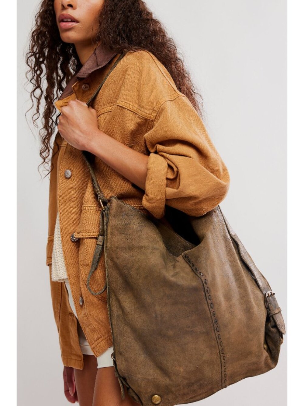 🆕 FREE PEOPLE We The Free Dallas Distressed Suede Tote / Sandblasted Khaki